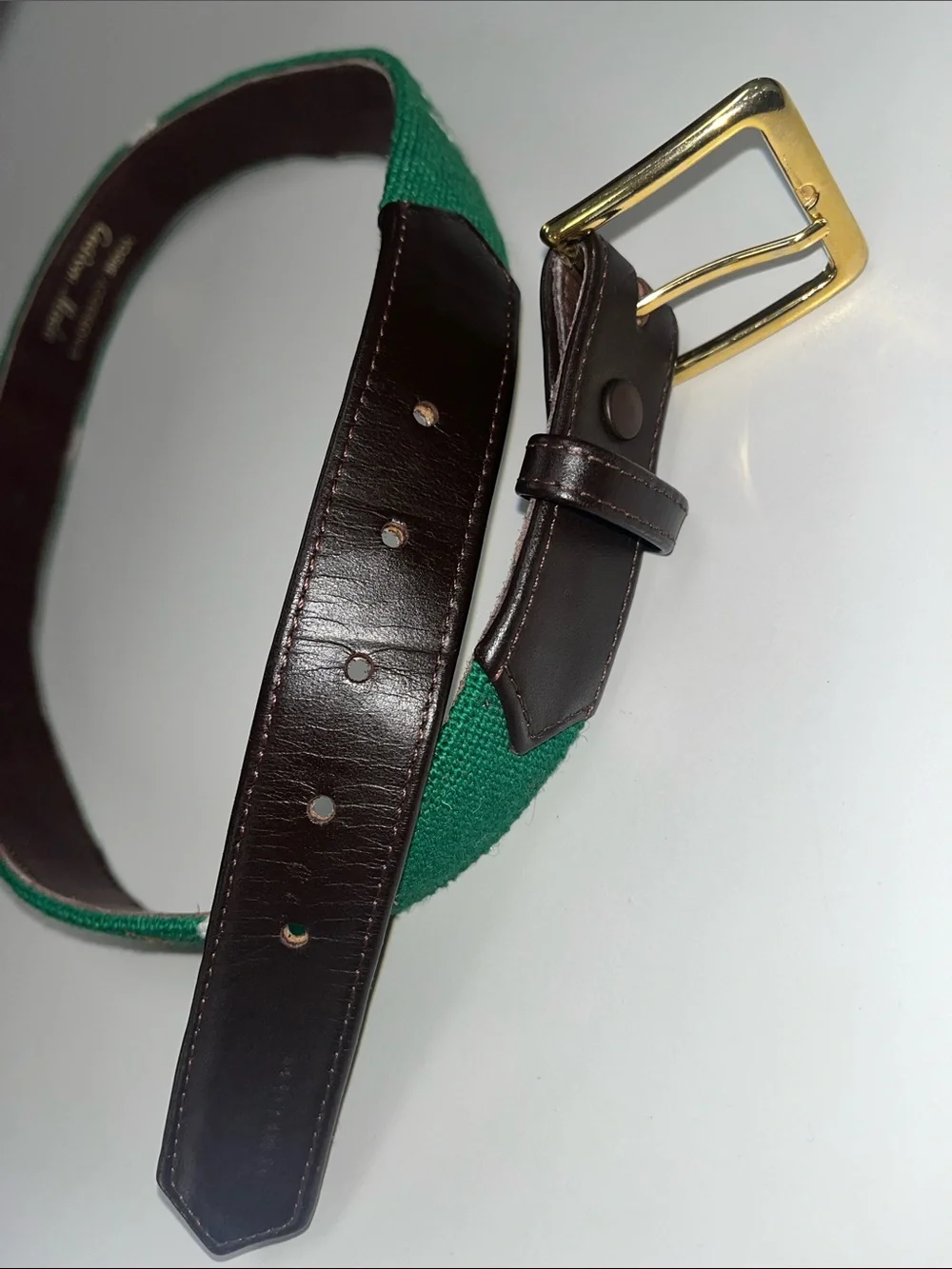 Vogue Accessories Custom Made Green Needlepoint PWN Belt with Brown Leather Trim
